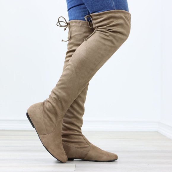 Taupe Thigh High Over The Knee Flat Boots Faux Suede - Picture 7 of 15
